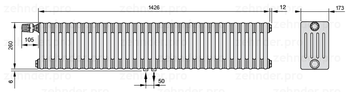 Схема (чертеж) Радиатор Zehnder Charleston 5026/31 №V007 Белый глянцевый RAL 9016